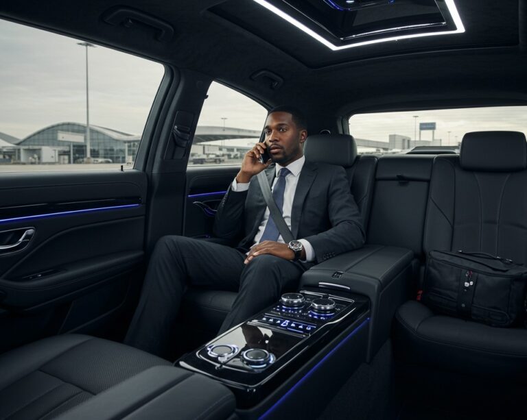 Business executive in back of limo from airport on cell phone
