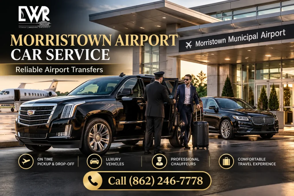 Morristown Airport car service featuring a professional chauffeur, black luxury SUV, premium sedan, and airport pickup with Newark Limousine Service branding and phone number (862) 246-7778.