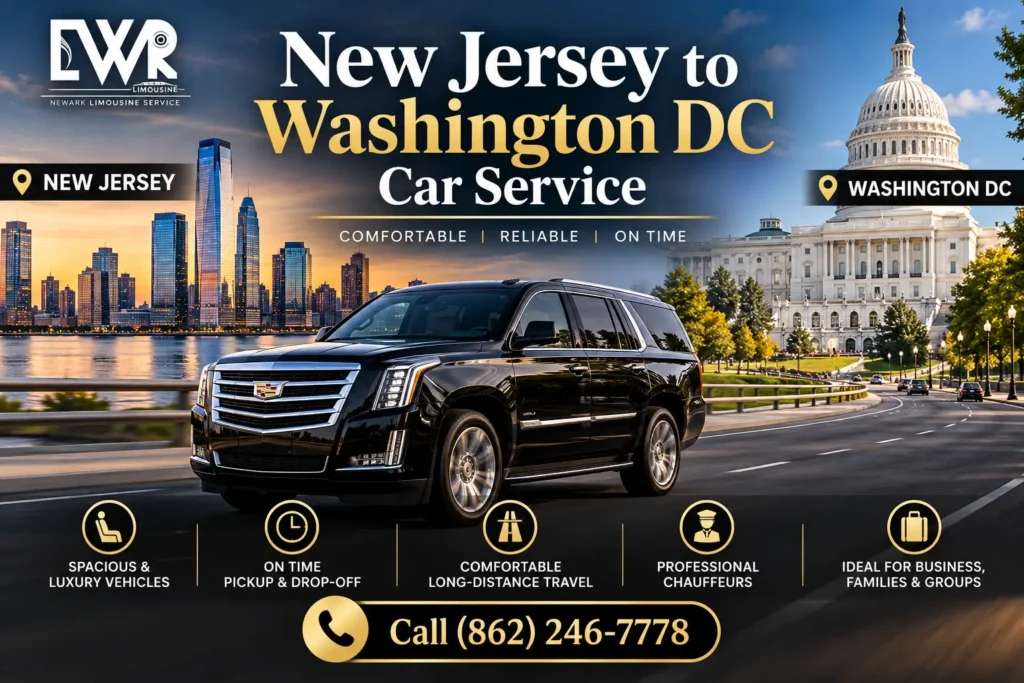 New Jersey to Washington DC car service featuring a black luxury SUV, New Jersey skyline, and U.S. Capitol, with professional chauffeur transportation by Newark Limousine Service.